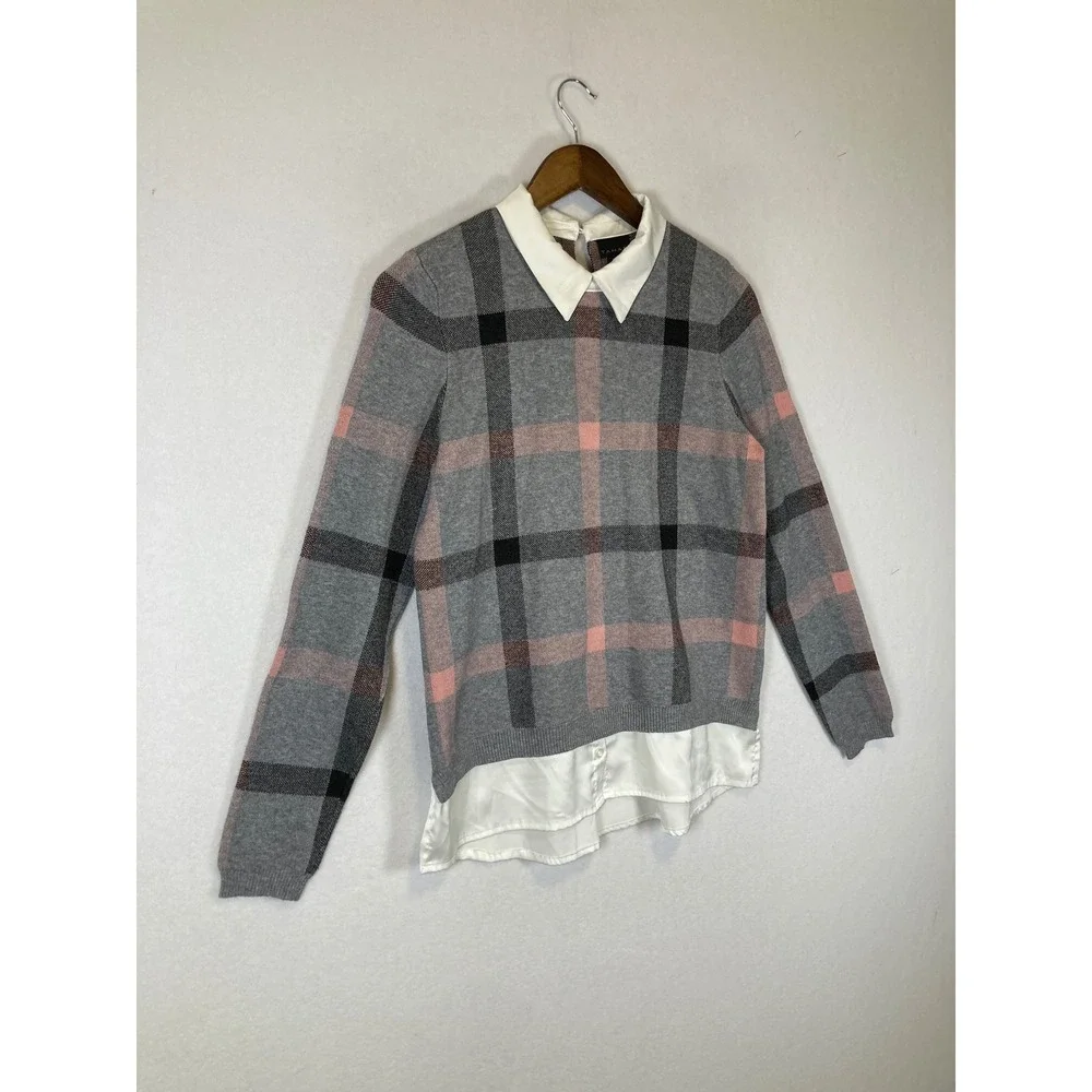 Preppy Tahari Women‎ Medium Grey Pink Plaid Layered Look Collared Sweater